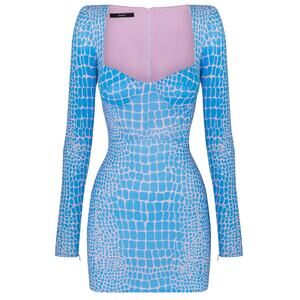 Alex Perry Blue and Light Pink Patterned Long-Sleeve Mini Dress